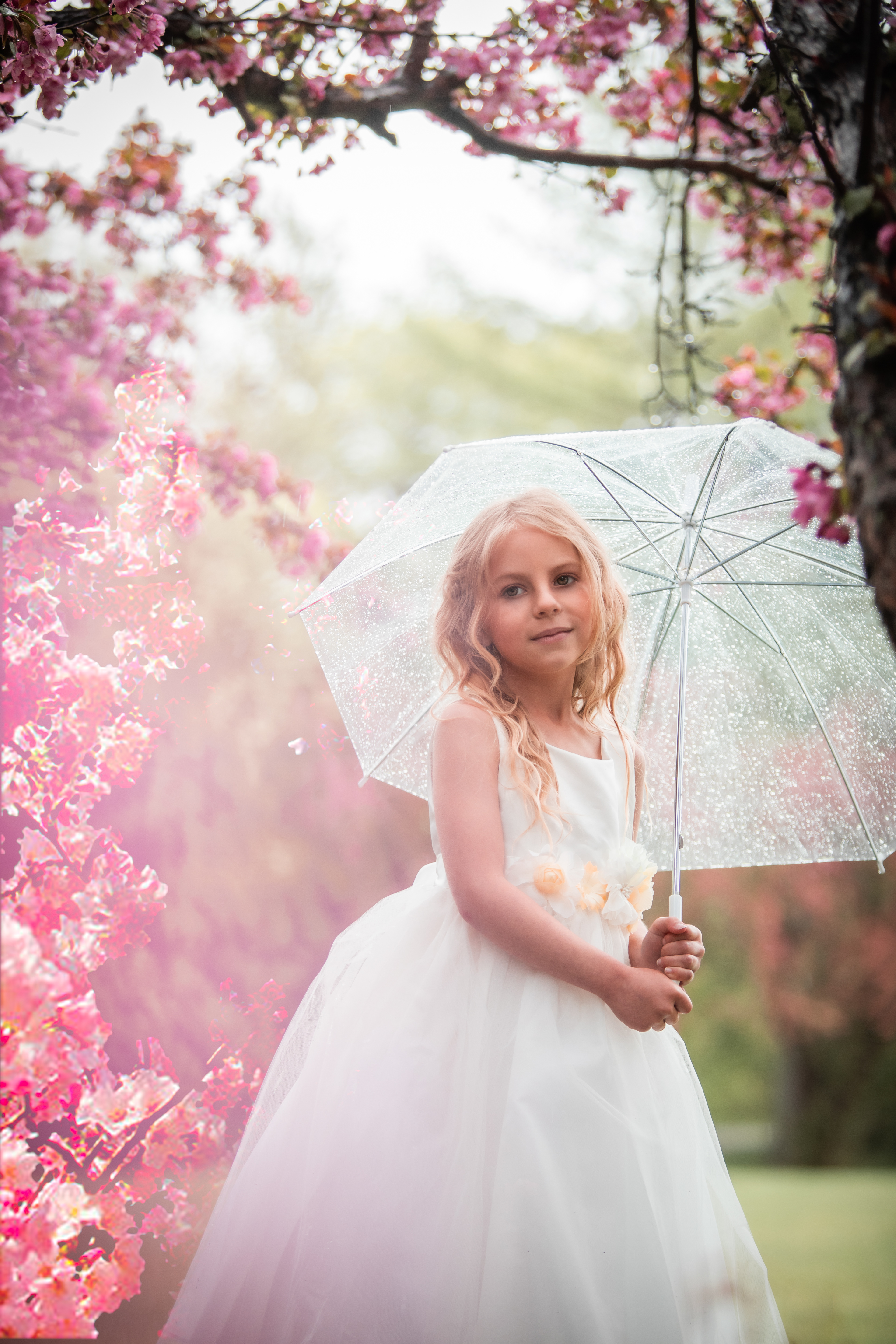Model in blossom trees in the rain
