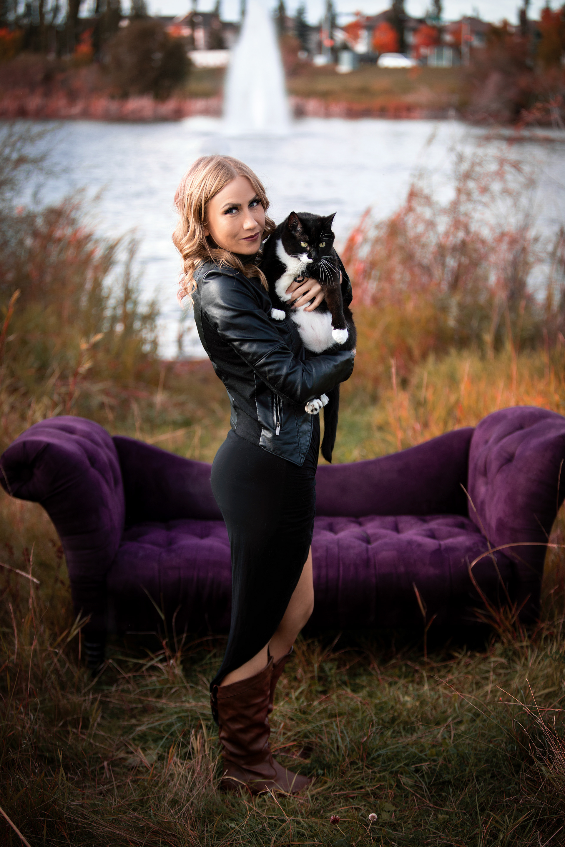 a girl outside with her cats in edmonton
