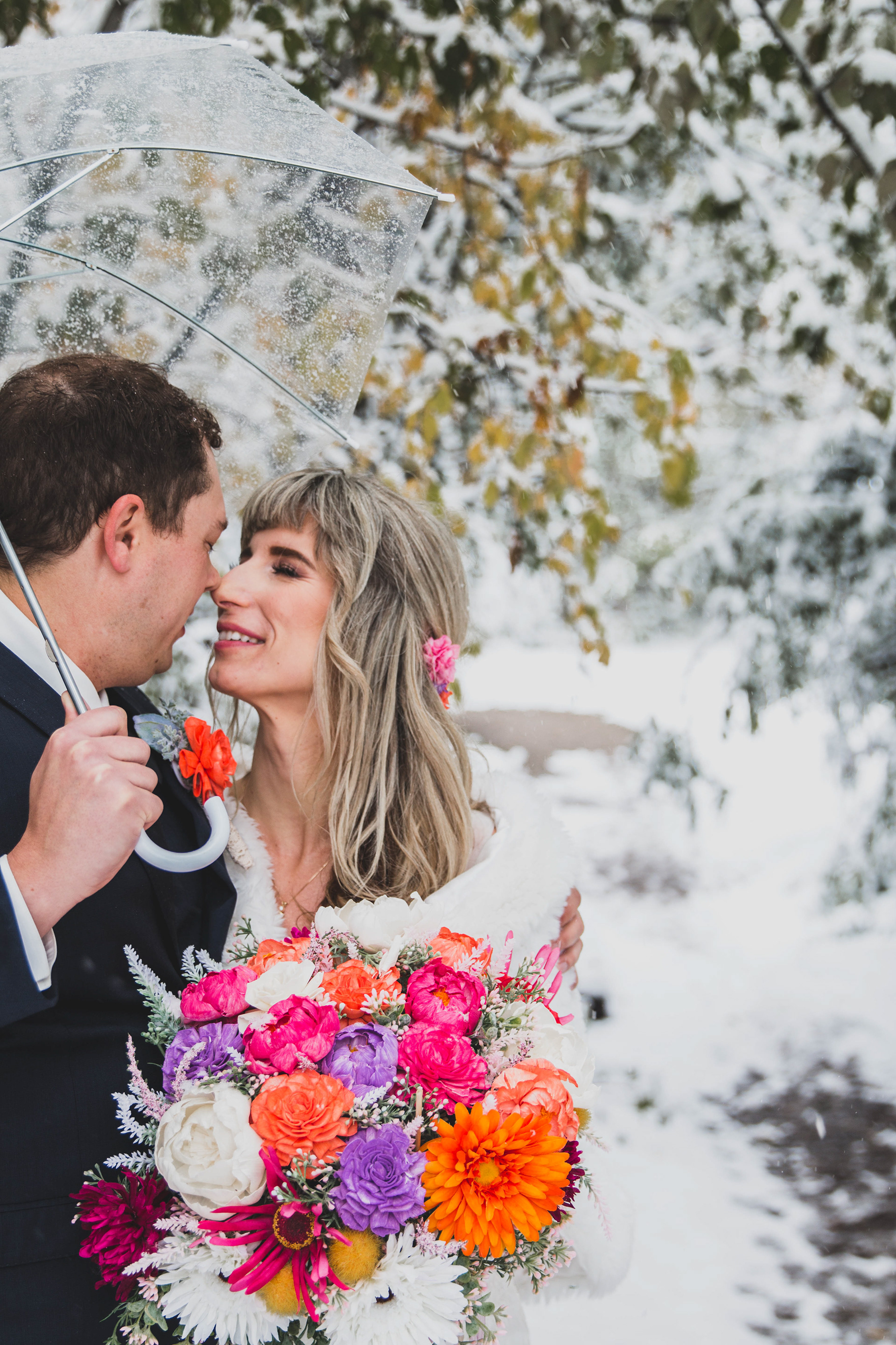 Bride and groom in the winter in Edmonton