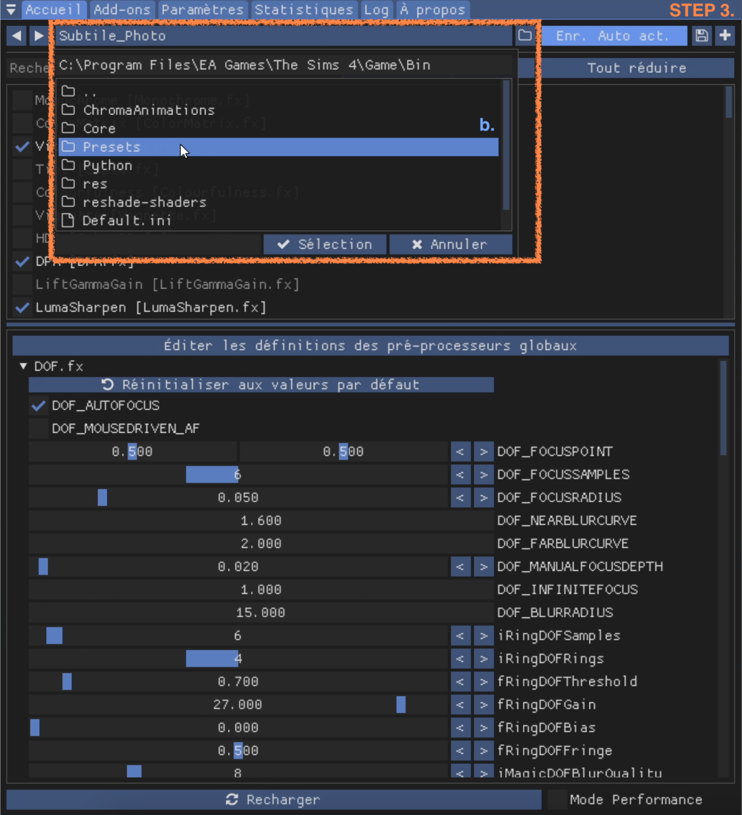 Indiquer le chemin d'accès au dossier "Presets" où sont rangés les Shaders téléchargés
