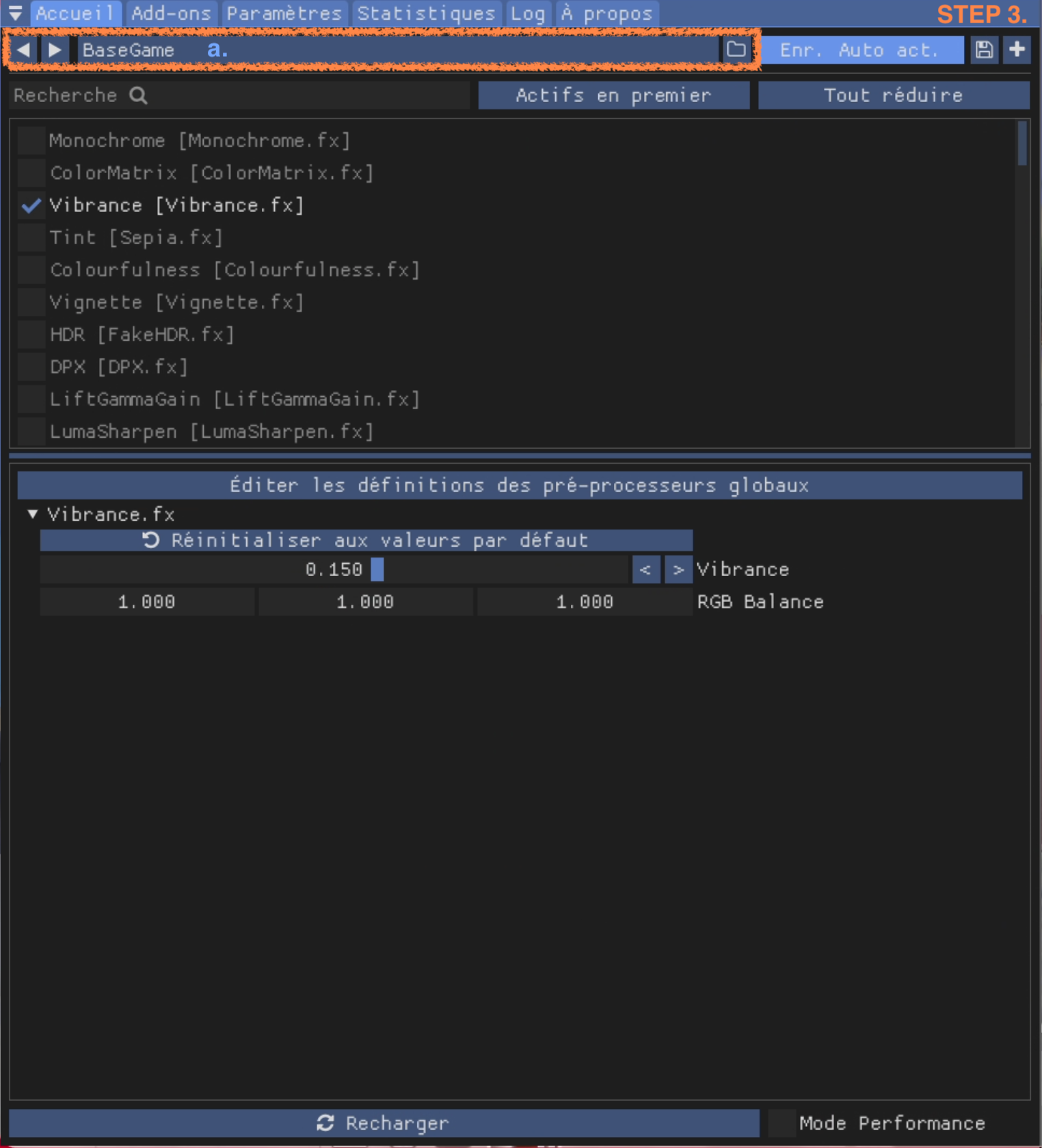 Cliquer sur la 2e ligne de menu sous la barre d'onglets