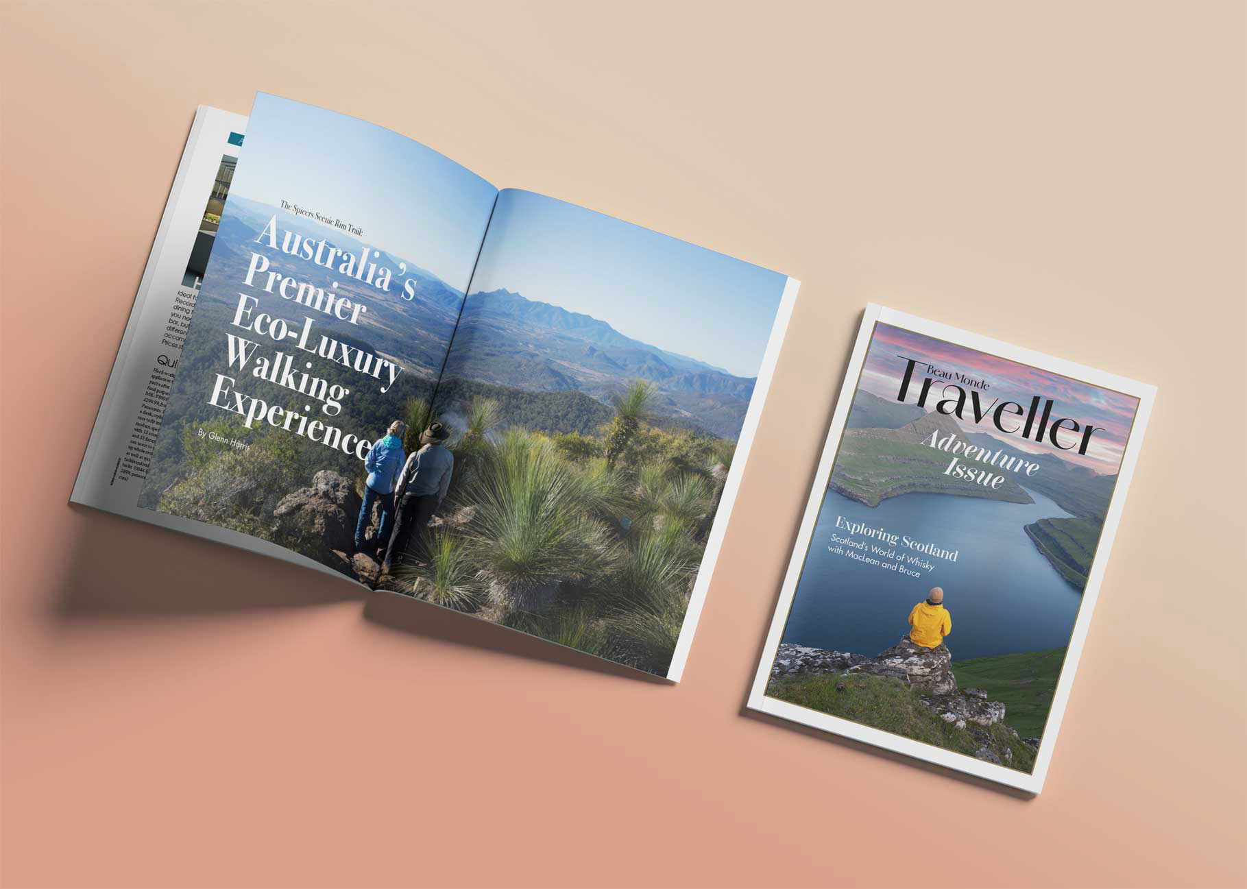 Masthead, cover and spread design for Beau Monde Traveller. Created in InDesign.