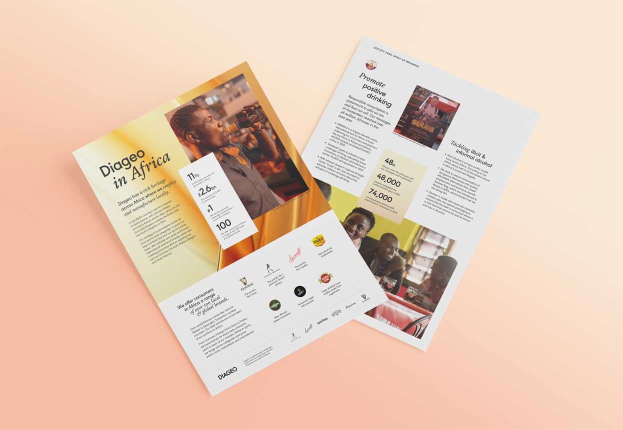 Factsheets for Diageo. Designed in InDesign.