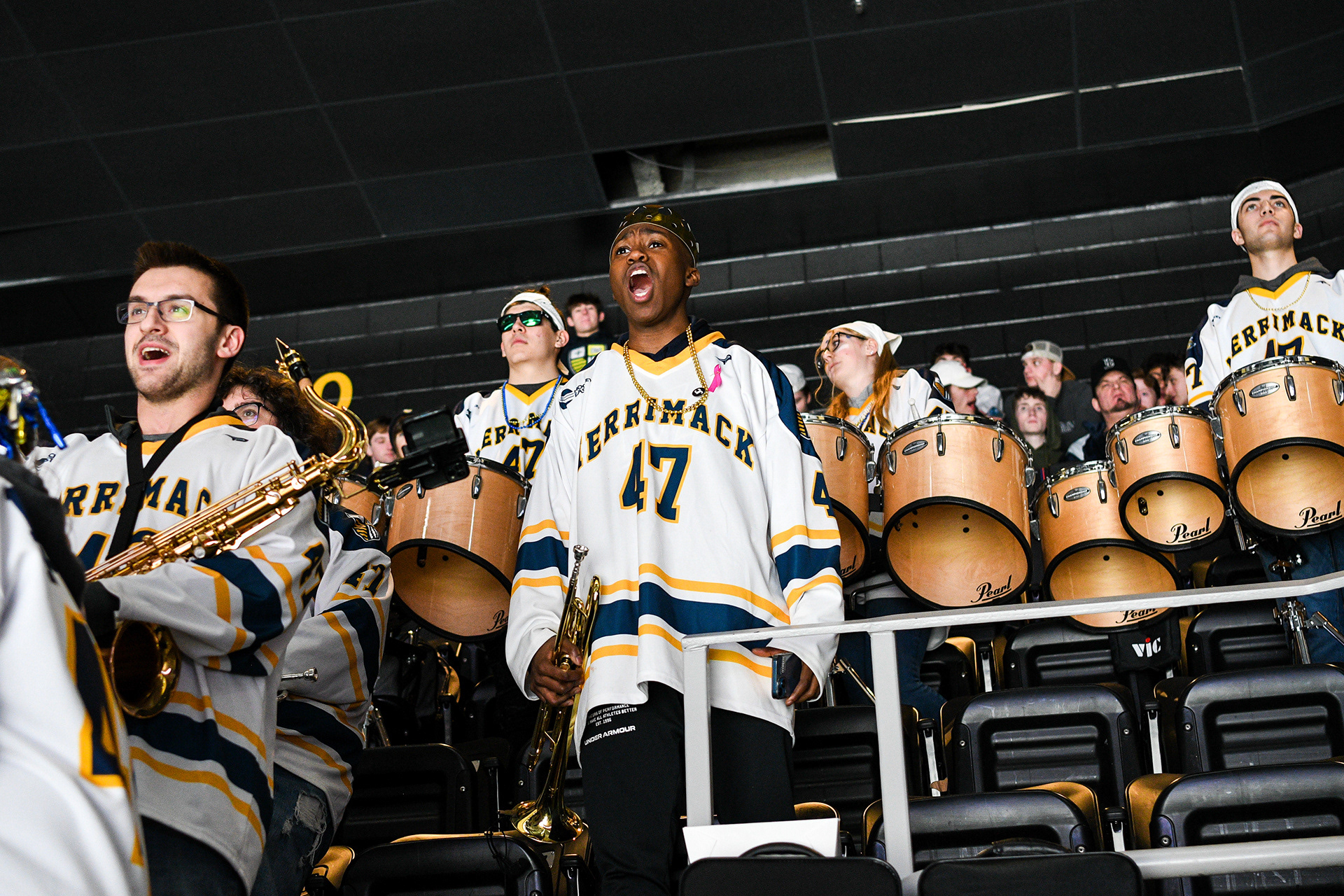 Merrimack Pep Band cheering the hockey team on.