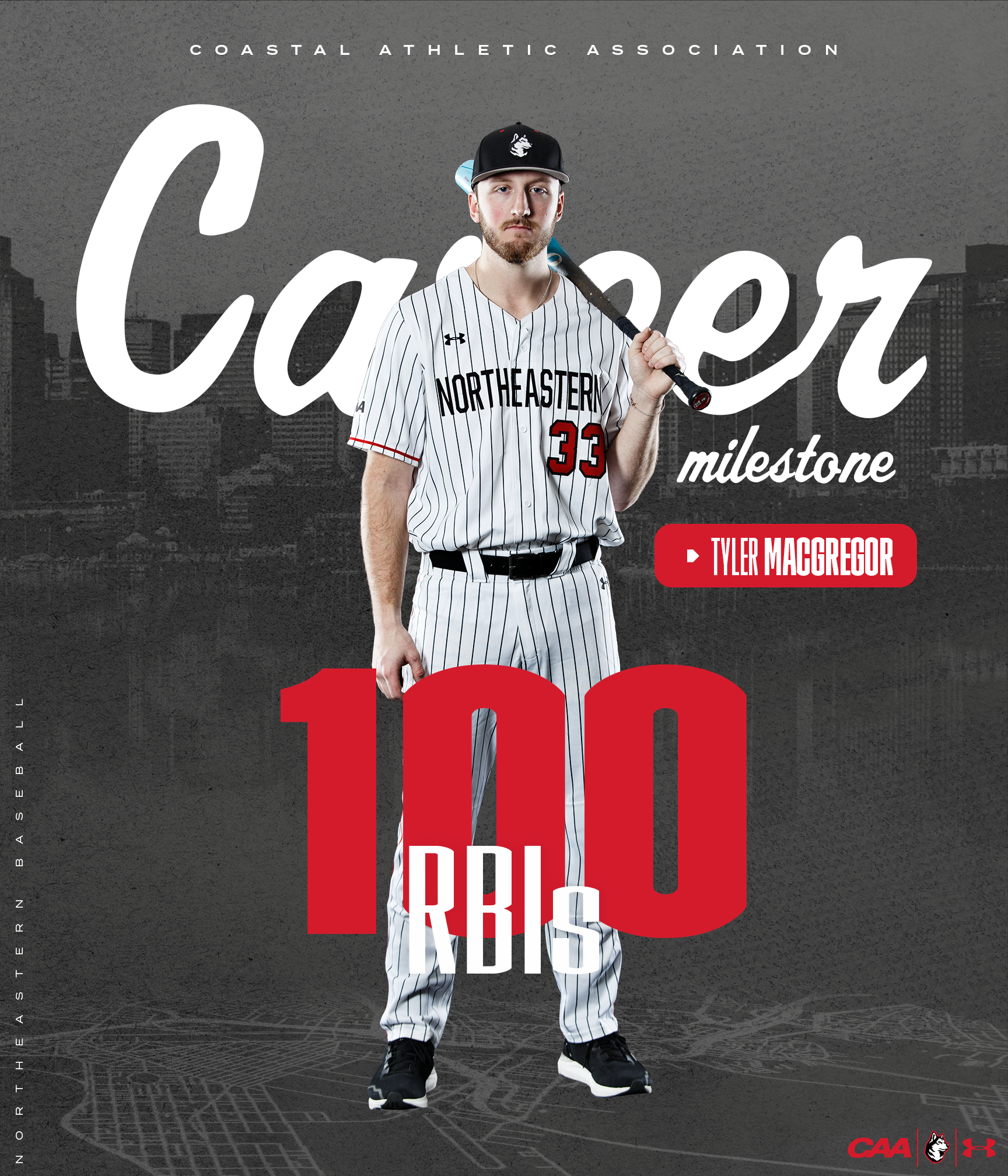 Tyler MacGregor, 100 RBIs career milestone graphic - Northeastern Baseball 2024