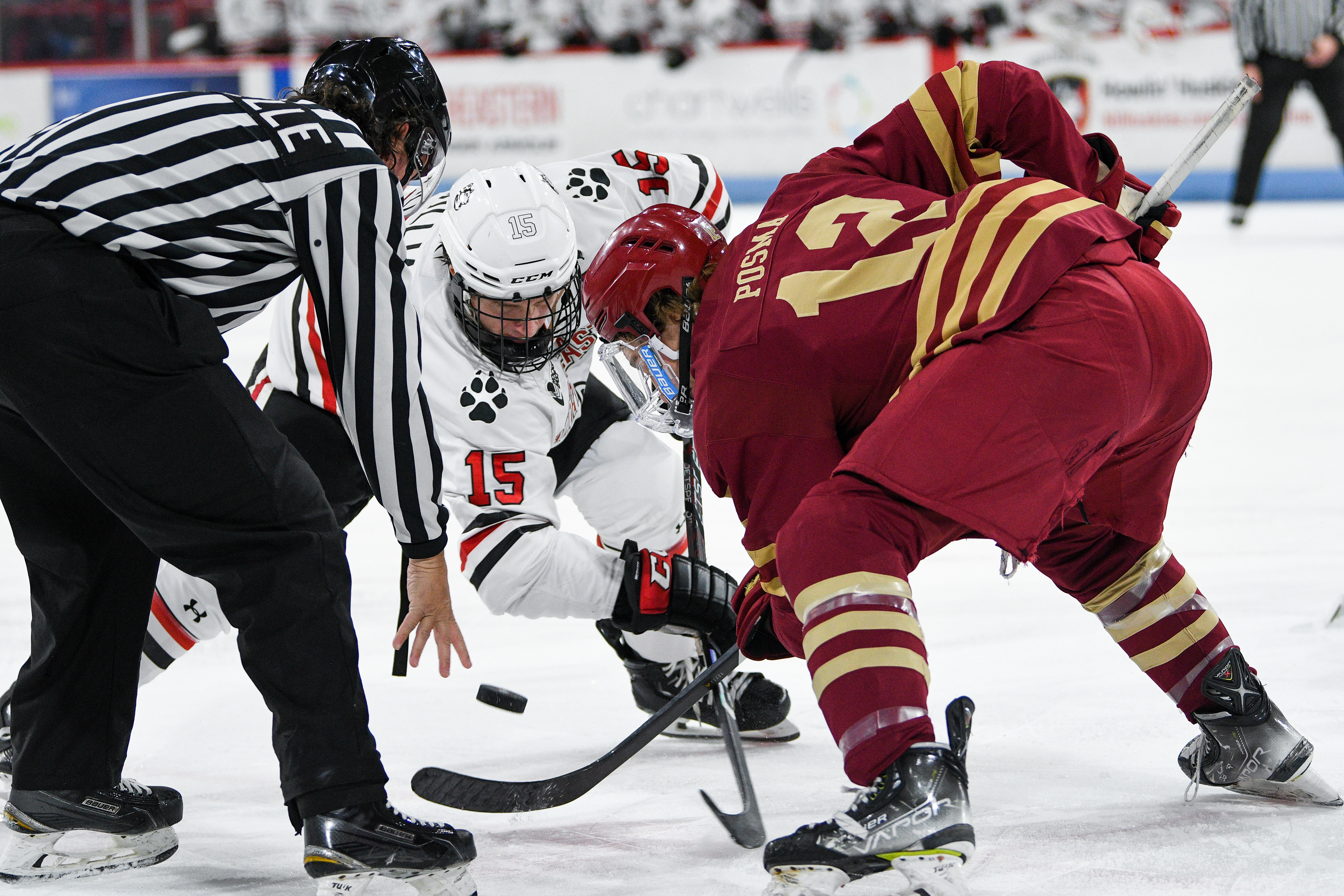 Jack Williams (NU) and Mike Posma (BC) facing off for the puck at the White Out game at Matthews Arena, December 02, 2023