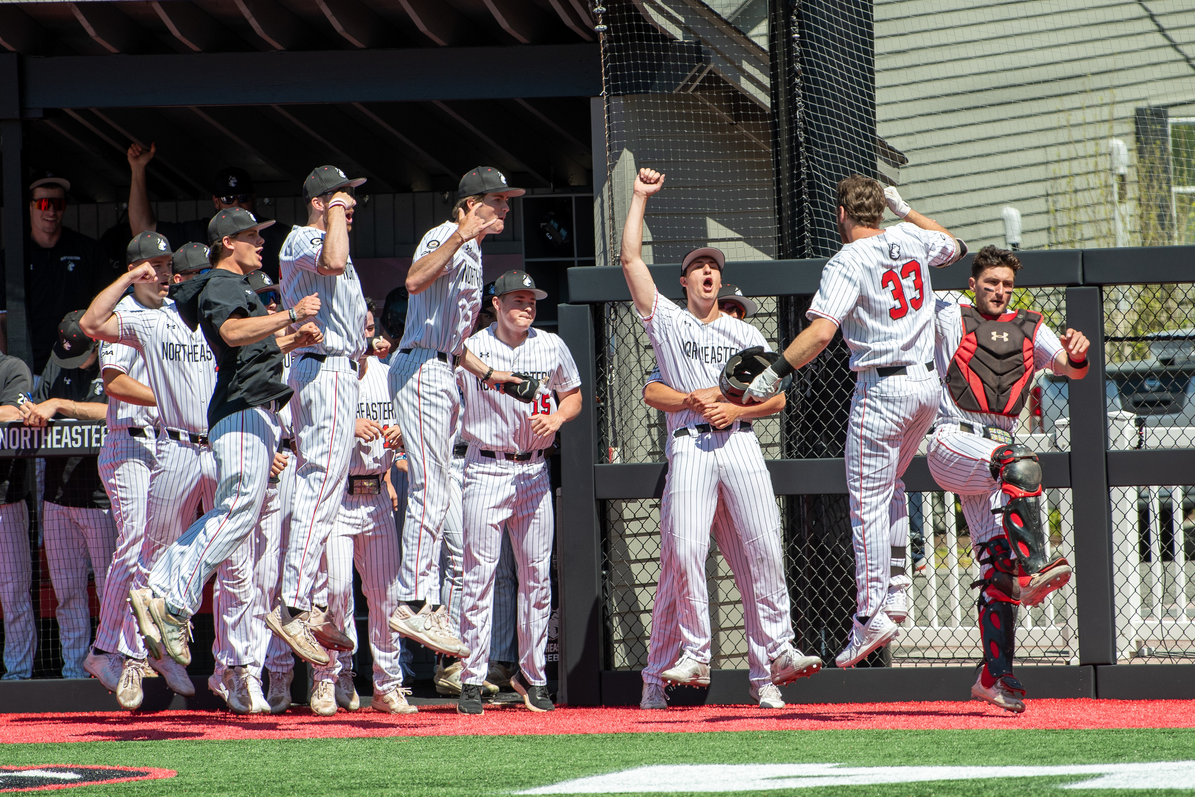Northeastern Baseball 2024: team celebrating Tyler MacGregor's homerun