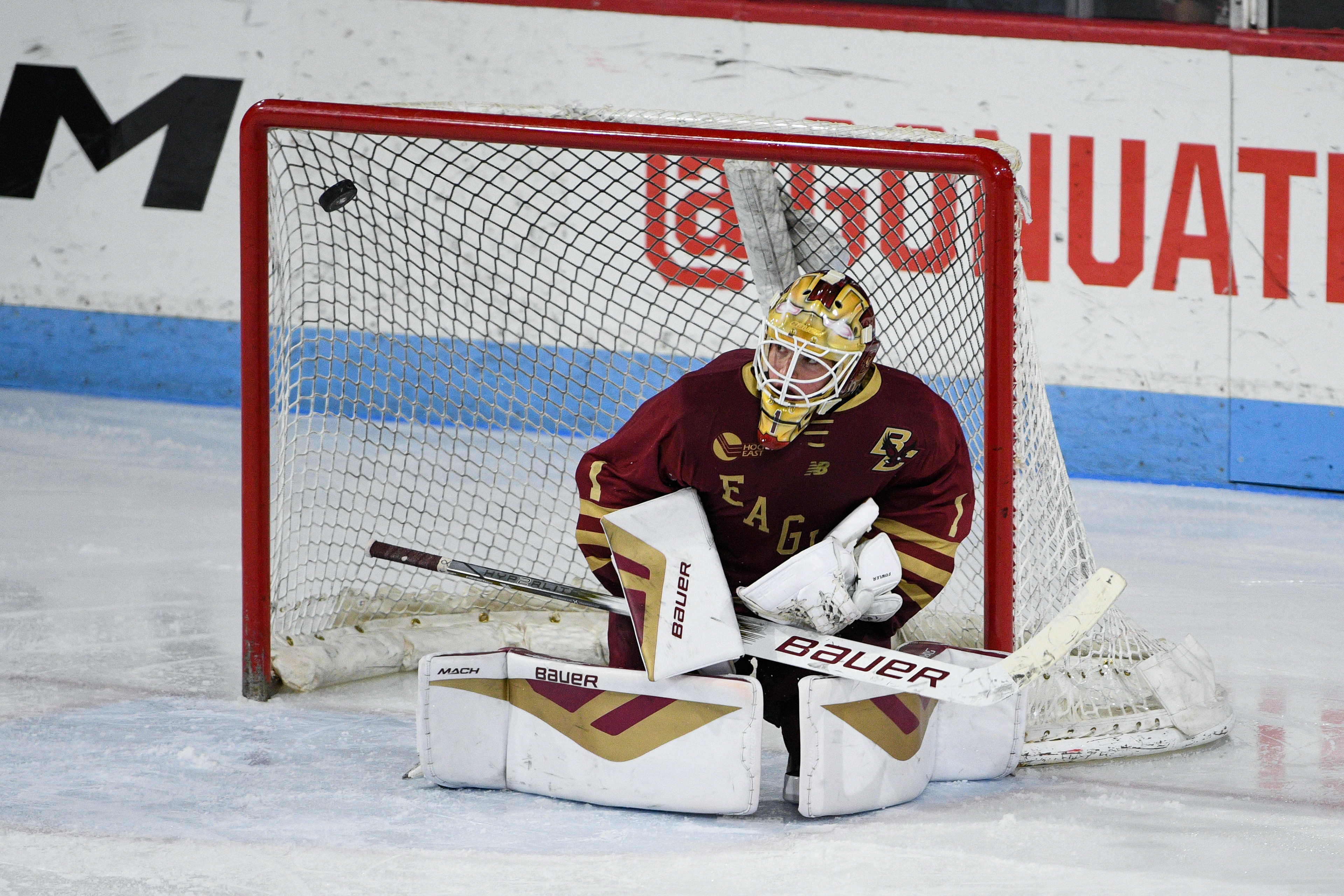 Jacob Fowler (BC) watching the puck during his defense at the game at Matthews Arena, December 02, 2023