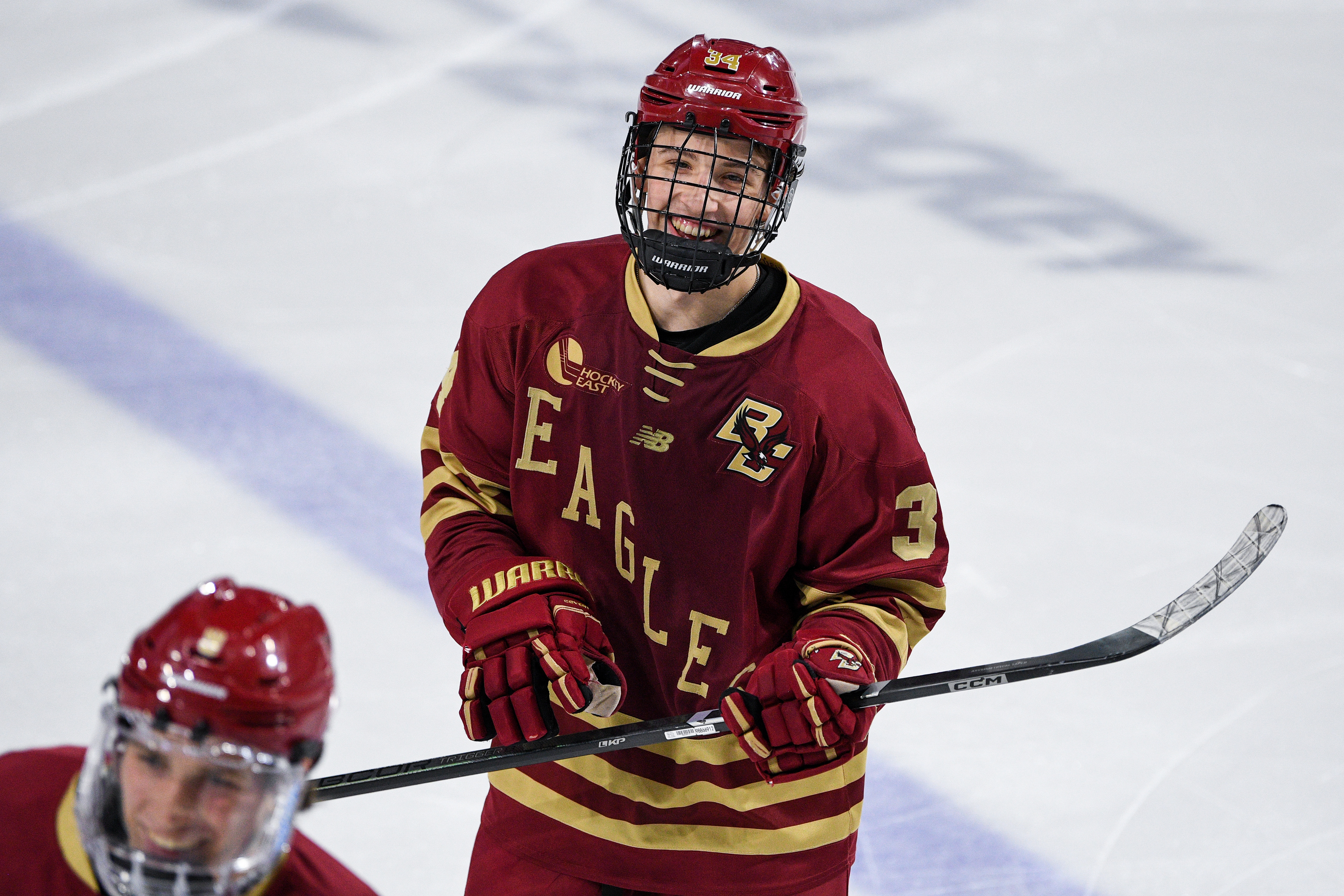 Nolan Joyce (BC) celebrating his goal against NU during the game at Matthews Arena, December 02, 2023