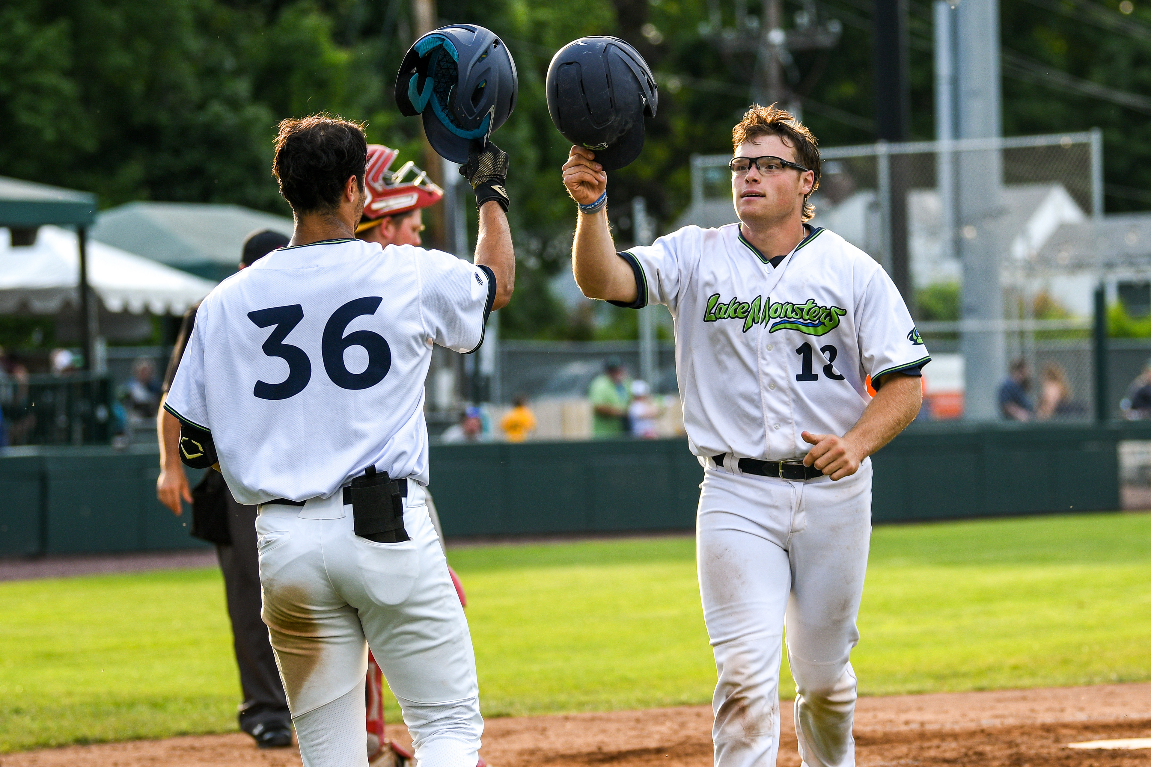 Thomas McAndrews celebrating a home run with the Lake Monsters