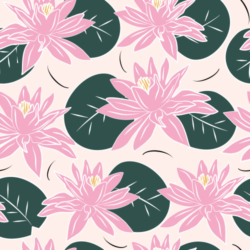 cute colorful trendy seamless vector pattern illustration with beautiful lotus leaves and flowers on pastel pink background By Alice Vacca