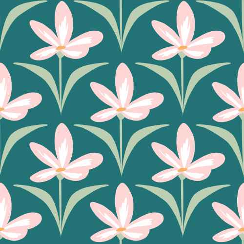 cute hand drawn seamless vector pattern illustration with beautiful pink and white flowers on teal background by Alice Vacca
