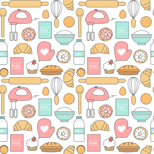cute lovely cartoon seamless vector pattern background illustration with kitchen tools, donuts, cookies, cakes and baking ingredients by Alice Vacca