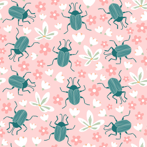 cute hand drawn seamless vector pattern illustration with pink daisy flowers, white flowers and teal insects on pastel pink background by Alice Vacca