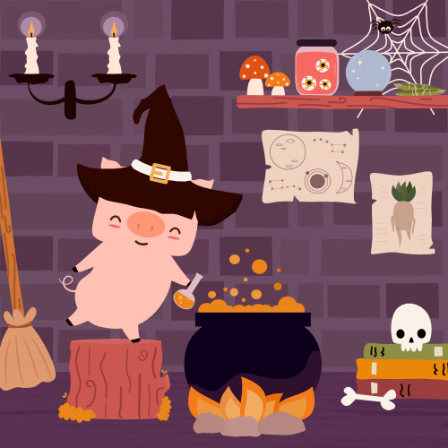 cute hand drawn cartoon character wizard pig making magic potion in his alchemist laboratory room funny halloween vector scene illustration by Alice Vacca