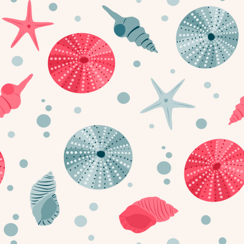 cute hand drawn red and blue sea life seamless vector pattern background illustration with sea urchin and seashell By Alice Vacca