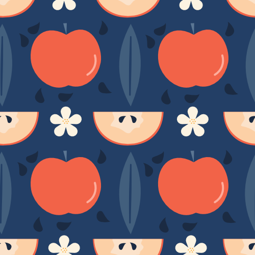  cute hand drawn colorful symmetrical seamless vector pattern illustration with red apples, leaves, seeds and white flowers on blue background by Alice Vacca