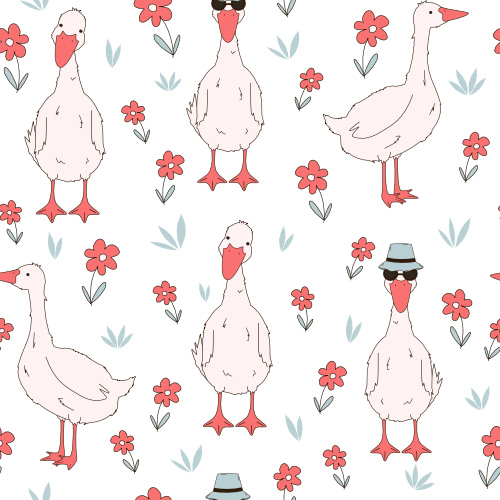 cute hand drawn cartoon character geese in the meadow with daisy flowers seamless vector pattern background illustration by Alice Vacca