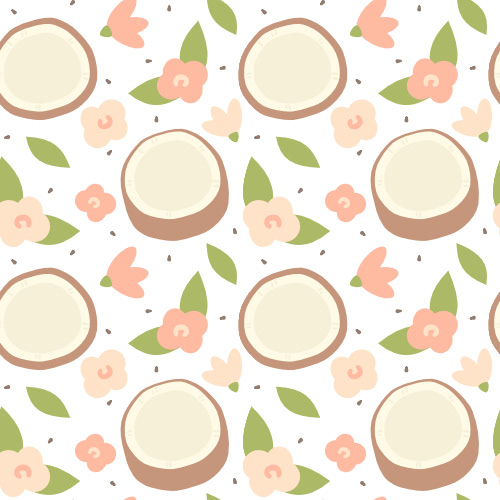cute hand drawn summer seamless pattern illustration with coconut and peach pink flowers by Alice Vacca