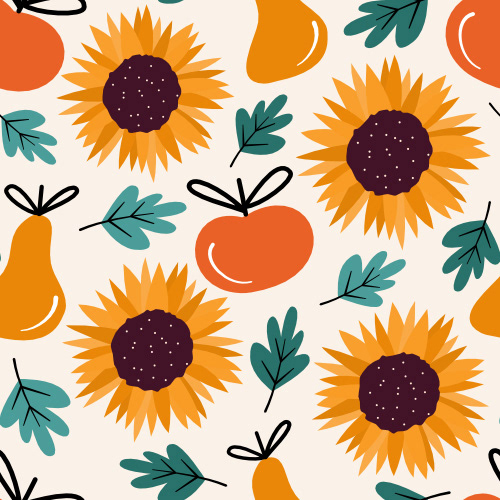  Cute fall autumn hand drawn seamless vector pattern background illustration with sunflowers, apples, pears and leaves by Alice Vacca
