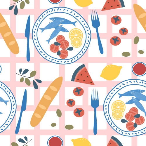 cute hand drawn seamless pattern illustration with summertime mediterranean plates with sardine, tomatoes, lemon, bread, olives, watermelon slice, wine on pink gingham background by Alice Vacca