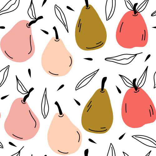 cute hand drawn autumn seamless vector pattern background illustration with fall leaves and colorful pears by Alice Vacca