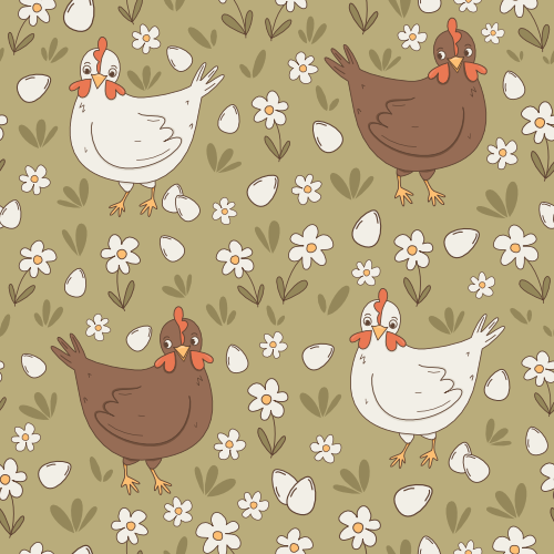 cute hand drawn cartoon hen and easter eggs in the meadow with daisy flowers seamless vector pattern background illustration by Alice Vacca