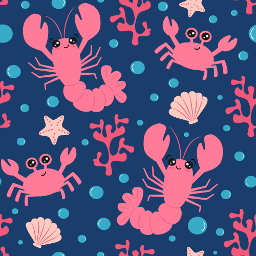 Cute hand drawn cartoon character pink lobster, crab, coral, seashell and starfish on blue background seamless vector pattern illustration By Alice Vacca