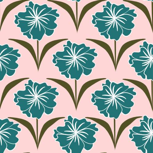 cute hand drawn abstract seamless vector pattern illustration with beautiful teal flowers on pink background by Alice Vacca