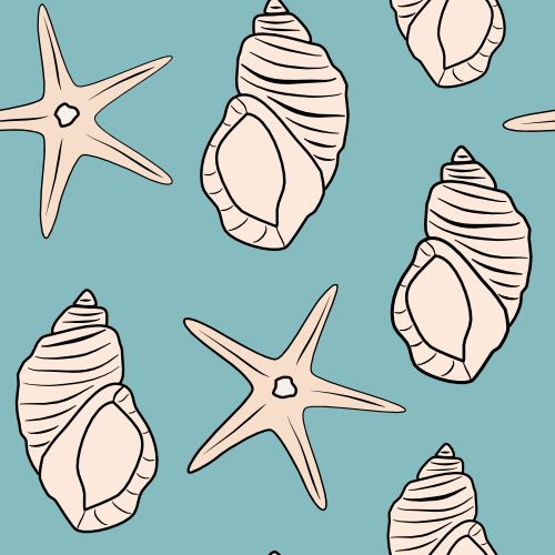 cute abstract modern seamless vector pattern illustration with seashells and starfishes on blue background By Alice Vacca