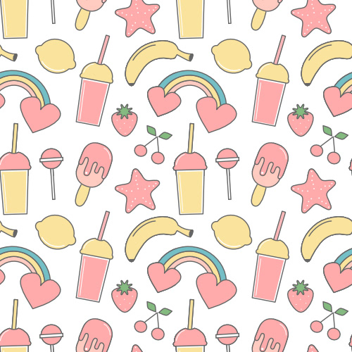 cute tropical summer seamless vector pattern background illustration with smoothies, fresh fruits, rainbows, lollipop, ice cream and starfish By Alice Vacca