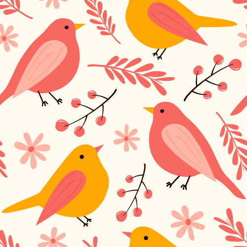 cute lovely colorful seamless vector pattern background illustration with hand drawn yellow and pink birds, leaves, berries and flowers by Alice Vacca