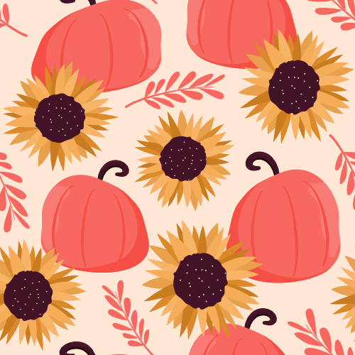 cute hand drawn fall autumn season seamless vector pattern illustration with colorful pink pumpkins, branch with leaves and sunflowers by Alice Vacca
