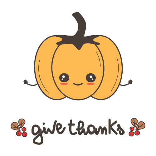 Cute handwriting give thanks thanksgiving card with cartoon pumpkin and berries. Holiday typography vector illustration for greeting card, invitation and prints by Alice Vacca 