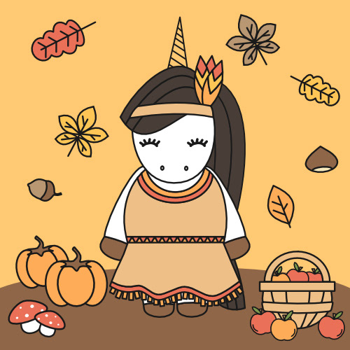 Cute cartoon hand drawn native indian american female unicorn thanksgiving vector illustration by Alice Vacca