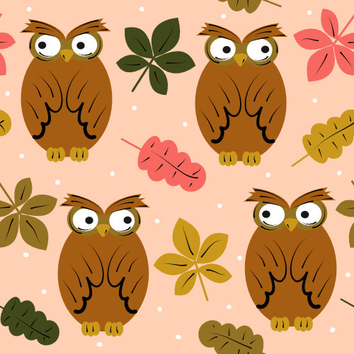  Cute hand drawn seamless pattern background illustration with cartoon character owls and fall leaves by Alice Vacca