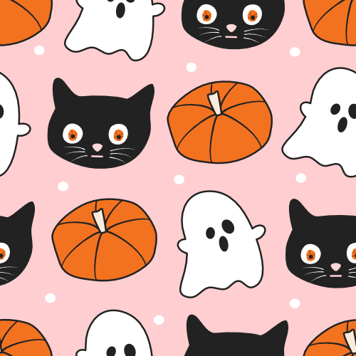 Cute hand drawn cartoon character halloween seamless vector pattern illustration with orange pumpkins, ghost, black cats and white dots on pink background by Alice Vacca 