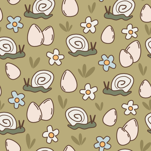 Cute cartoon hand drawn seamless vector pattern illustration with snail, daisy flowers, easter eggs and leaves on green background By Alice Vacca
