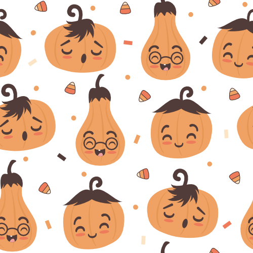  Cute hand drawn funny cartoon character pumpkins halloween and thanksgiving seamless vector pattern background illustration for fall holidays by Alice Vacca