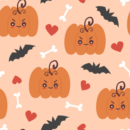 Cute hand drawn autumn season seamless vector pattern background illustration with cartoon character orange baby pumpkins, bats, bones and red hearts by Alice Vacca