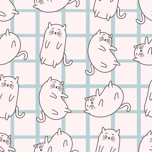 cute hand drawn cartoon character cat on pastel blue stripes background seamless gingham pattern illustration by Alice Vacca