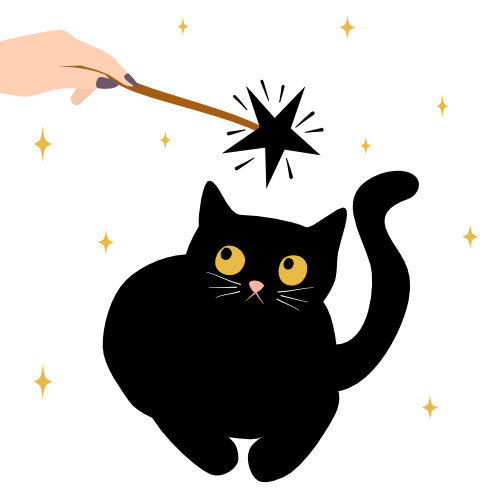 cute hand drawn cartoon vector halloween with black cat, magic wand and sparkling stars funny spooky season illustration by Alice Vacca