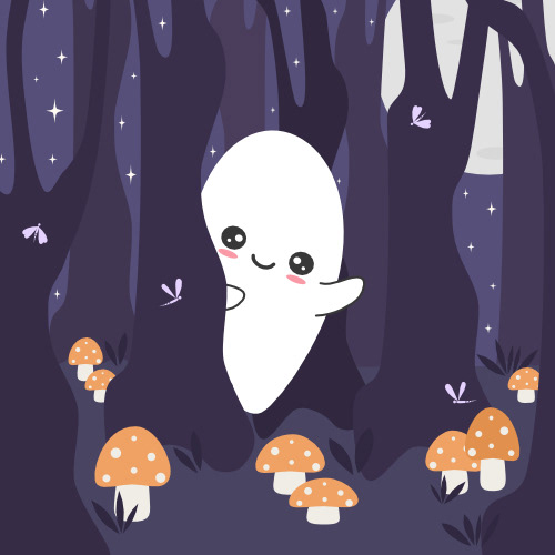  Cute hand drawn cartoon character ghost in the forest in the night funny vector halloween illustration by Alice Vacca