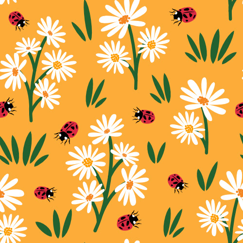 cute hand drawn white daisy flowers and red ladybugs seamless vector pattern illustration on yellow background by Alice Vacca