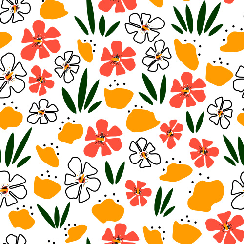 cute colorful hand drawn flowers and leaves springtime seamless vector pattern illustration background by Alice Vacca