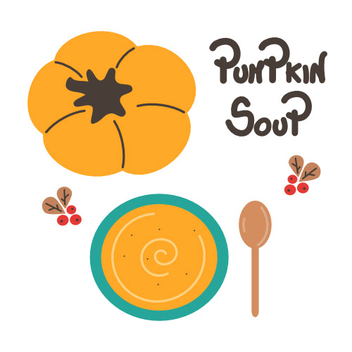 Cute top view vector illustration for menu and recipe with Pumpkin cream soup with spoon and hand drawn lettering text by Alice Vacca