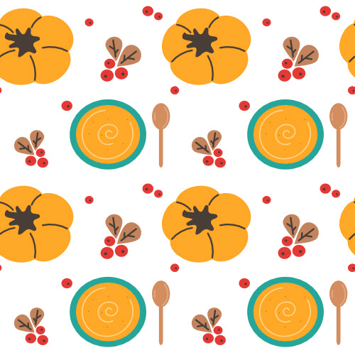 Cute autumn fall isolated hand drawn bowl of pumpkin cream soup, spoon and berries seamless vector pattern background illustration by Alice Vacca