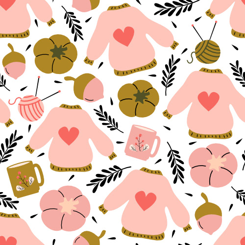  Cute hand drawn autumn season seamless pattern background illustration with cozy fall elements by Alice Vacca