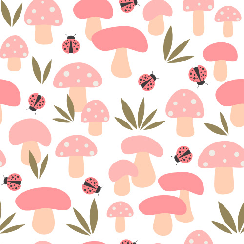 Cute hand drawn cartoon seamless vector pattern illustration with pink mushrooms, green grass and ladybugs by Alice Vacca