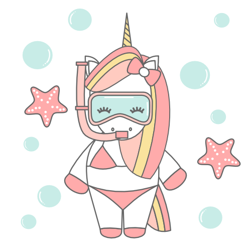 cute cartoon lovely summer unicorn snorkeling with diving mask in the sea funny vector illustration By Alice Vacca